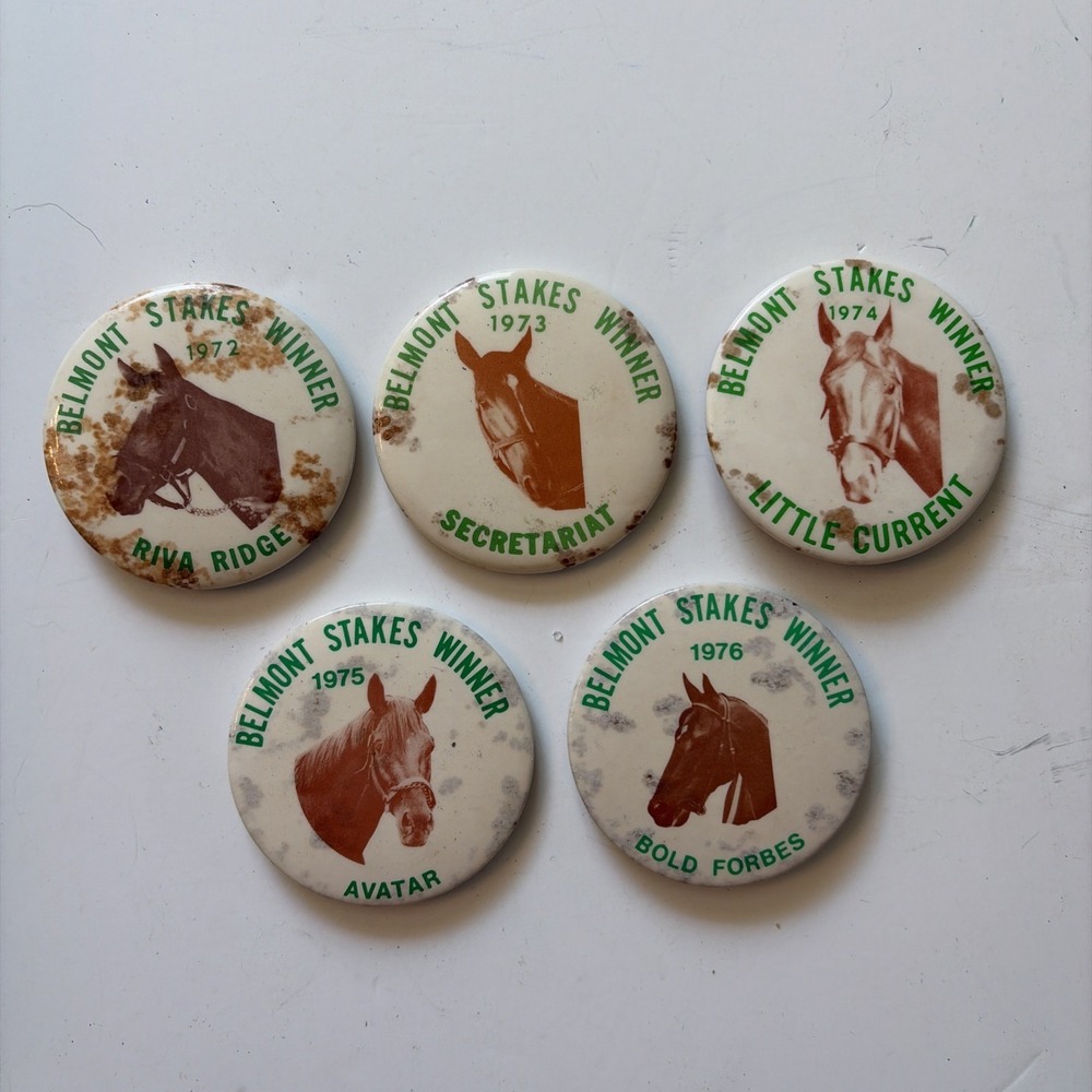 Vintage 1972-1976 Belmont Stakes Winner Pinback Lot of 5 Secretariat Riva Ridge